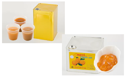 画像：（左上）果実を丸ごと煮詰めて裏ごしした果肉汁（ピューレ）。料理の隠し味など、さまざまな用途に使われます。（右下）長野県産の原料を使用した高級あんずジャム。ほどよい酸味とさわやかな風味が特徴です。